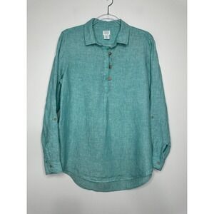 Sigrid Olsen Linen Popover Shirt Aqua Blue Roll tab Sleeve Medium